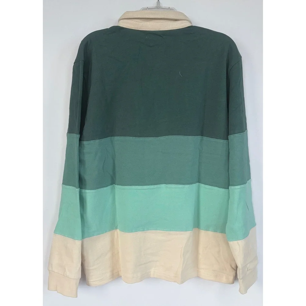 Marine Layer Men M/L Green Colorblock Rugby Shirt Corduroy Collar LongSleeve New